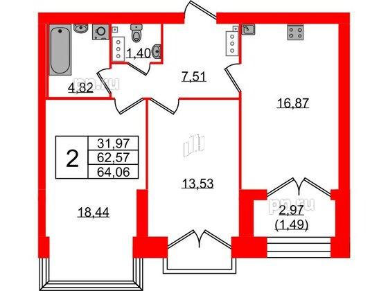 Квартира в ЖК Наука, 2 комнатная, 64.06 м², 11 этаж