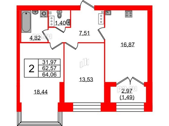 Квартира в ЖК Наука, 2 комнатная, 64.06 м², 12 этаж