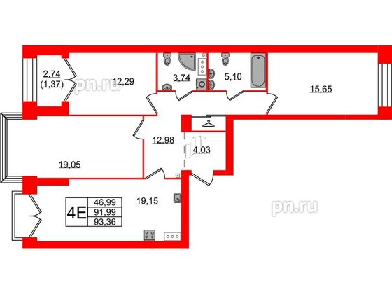 Квартира в ЖК Наука, 3 комнатная, 93.36 м², 9 этаж