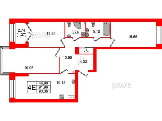 Квартира в ЖК Наука, 3 комнатная, 93.36 м², 10 этаж