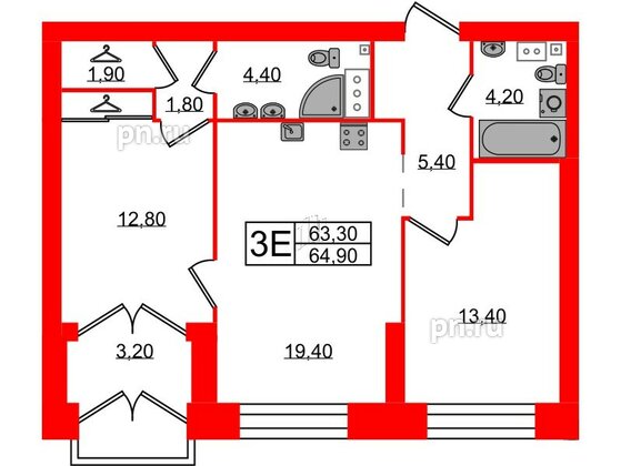 Квартира в ЖК Наука, 2 комнатная, 64.9 м², 9 этаж