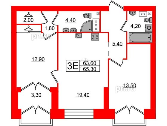 Квартира в ЖК Наука, 2 комнатная, 65.3 м², 13 этаж