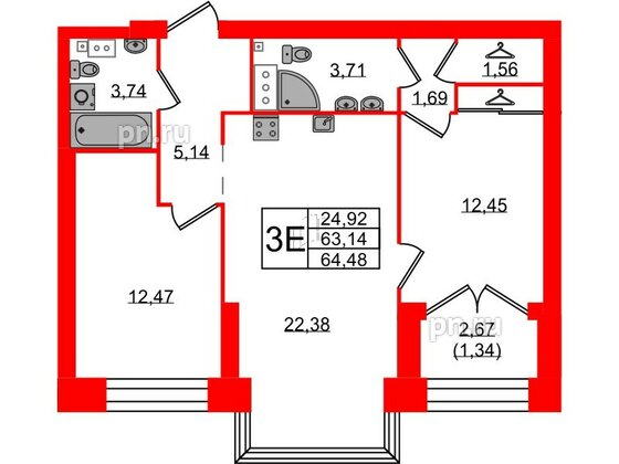 Квартира в ЖК Наука, 2 комнатная, 64.48 м², 9 этаж