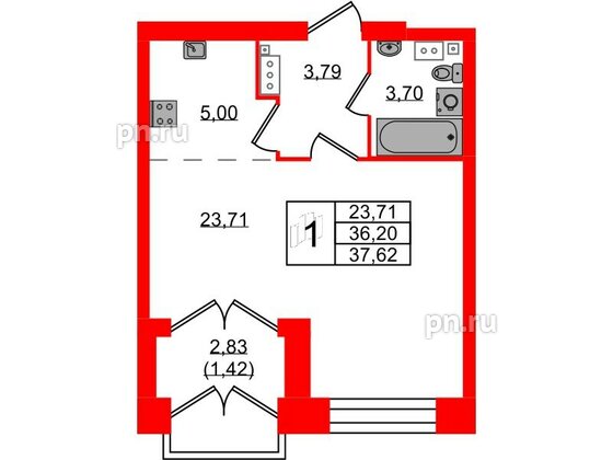 Квартира в ЖК Наука, 1 комнатная, 39.5 м², 9 этаж