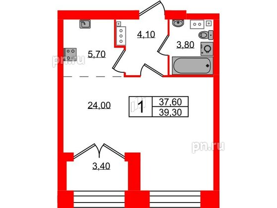 Квартира в ЖК Наука, 1 комнатная, 39.3 м², 12 этаж