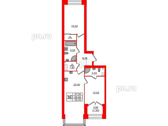 Квартира в ЖК Наука, 2 комнатная, 70.7 м², 9 этаж