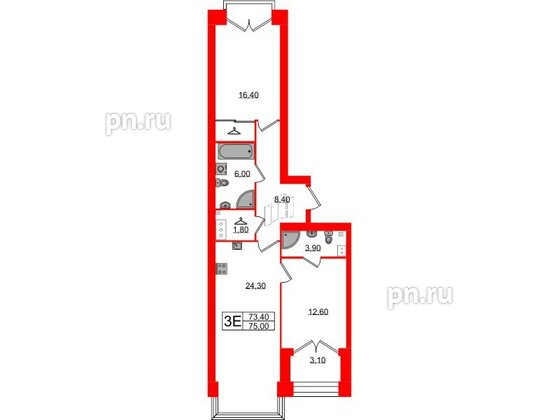 Квартира в ЖК Наука, 2 комнатная, 75 м², 13 этаж