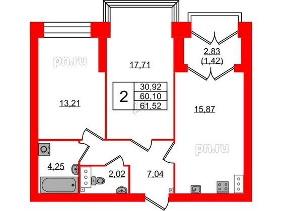 Квартира в ЖК Наука, 2 комнатная, 61.52 м², 9 этаж