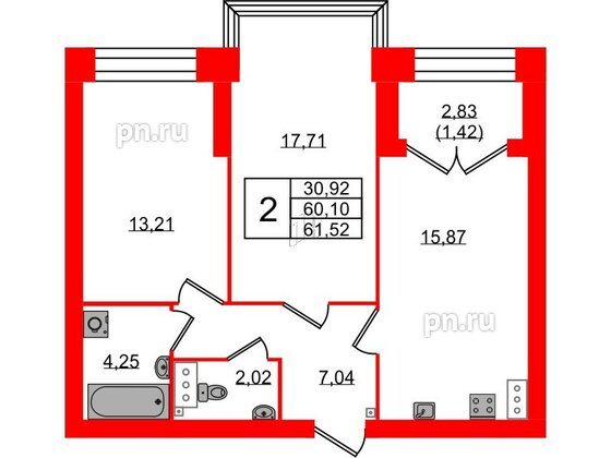 Квартира в ЖК Наука, 2 комнатная, 61.52 м², 12 этаж