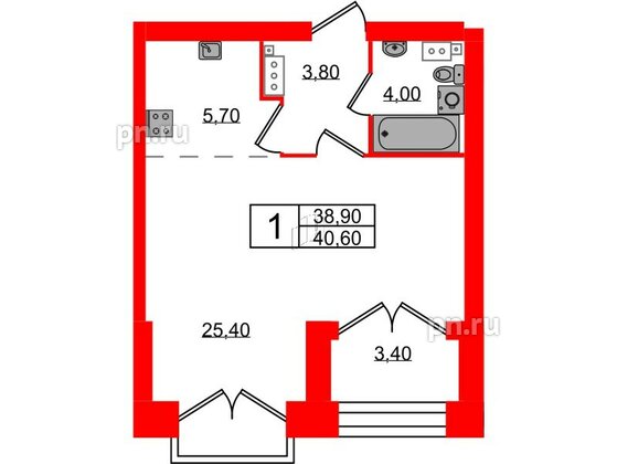 Квартира в ЖК Наука, 1 комнатная, 40.6 м², 13 этаж