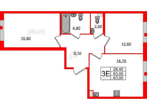 Квартира в ЖК Монография, 2 комнатная, 63 м², 2 этаж