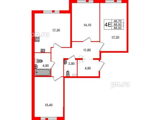 Квартира в ЖК Монография, 3 комнатная, 88.5 м², 2 этаж