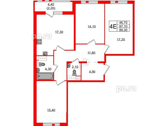 Квартира в ЖК Монография, 3 комнатная, 89.3 м², 3 этаж