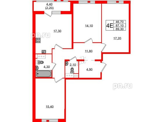 Квартира в ЖК Монография, 3 комнатная, 89.3 м², 4 этаж