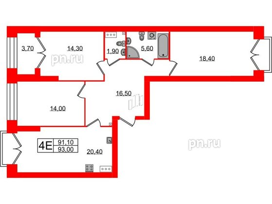 Квартира в ЖК Наука, 3 комнатная, 93 м², 13 этаж