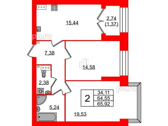 Квартира в ЖК Наука, 2 комнатная, 65.92 м², 9 этаж