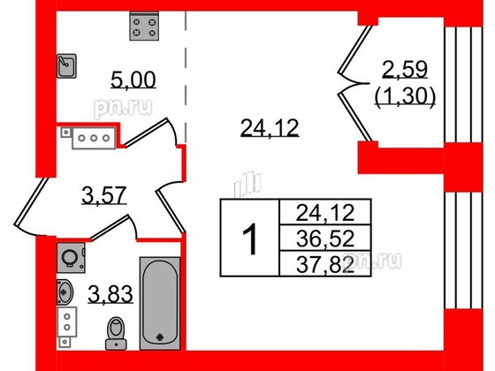 Квартира в ЖК Наука, 1 комнатная, 37.82 м², 5 этаж