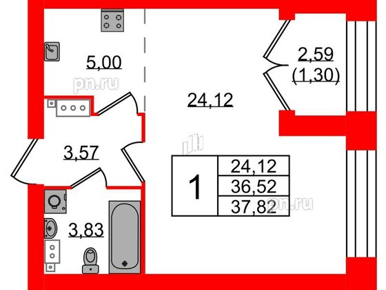 Квартира в ЖК Наука, 1 комнатная, 37.82 м², 7 этаж