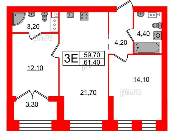 Квартира в ЖК Наука, 2 комнатная, 61.4 м², 2 этаж