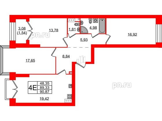 Квартира в ЖК Наука, 3 комнатная, 90.87 м², 9 этаж