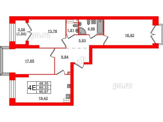 Квартира в ЖК Наука, 3 комнатная, 90.87 м², 10 этаж