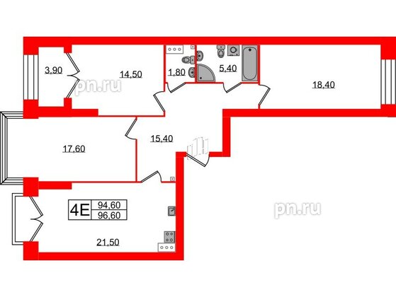 Квартира в ЖК Наука, 3 комнатная, 96.6 м², 11 этаж