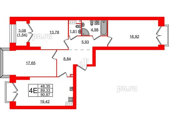 Квартира в ЖК Наука, 3 комнатная, 90.87 м², 13 этаж