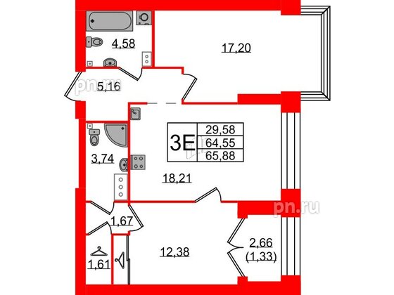 Квартира в ЖК Наука, 2 комнатная, 65.88 м², 13 этаж