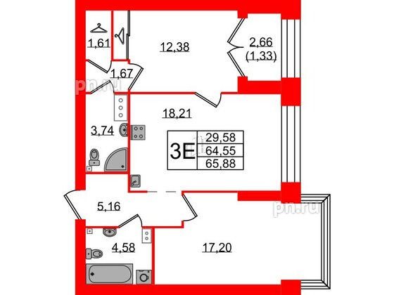 Квартира в ЖК Наука, 2 комнатная, 65.88 м², 9 этаж