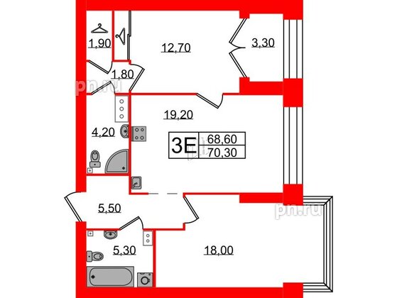 Квартира в ЖК Наука, 2 комнатная, 70.3 м², 10 этаж