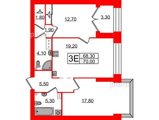 Квартира в ЖК Наука, 2 комнатная, 70 м², 12 этаж