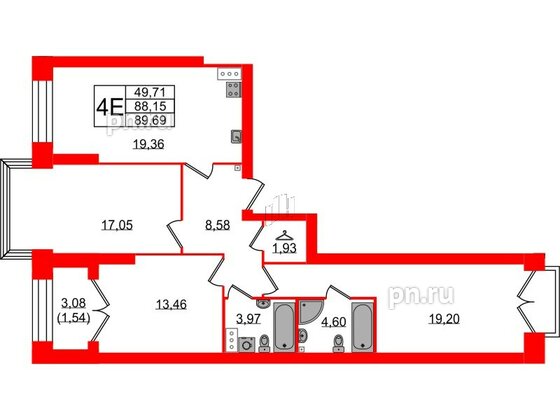 Квартира в ЖК Наука, 3 комнатная, 89.69 м², 10 этаж