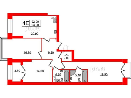 Квартира в ЖК Наука, 3 комнатная, 93.9 м², 12 этаж