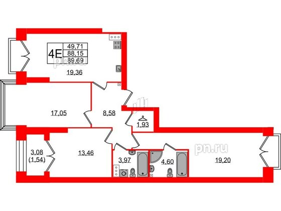 Квартира в ЖК Наука, 3 комнатная, 89.69 м², 13 этаж