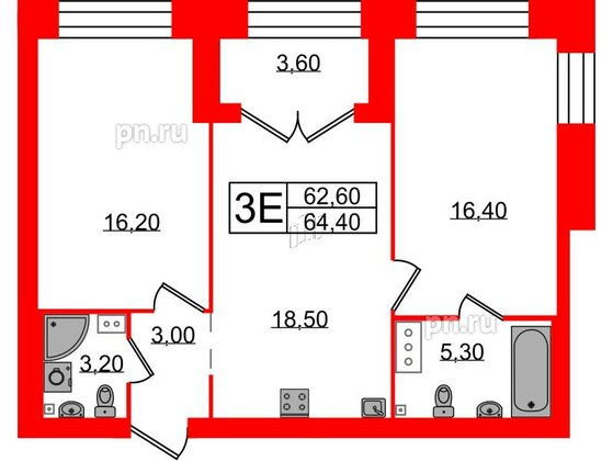 Квартира в ЖК Наука, 2 комнатная, 64.4 м², 12 этаж