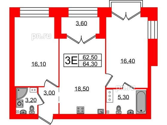 Квартира в ЖК Наука, 2 комнатная, 64.3 м², 13 этаж