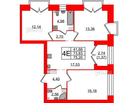 Квартира в ЖК Наука, 3 комнатная, 75.2 м², 12 этаж