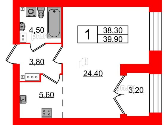 Квартира в ЖК Наука, 1 комнатная, 39.9 м², 12 этаж