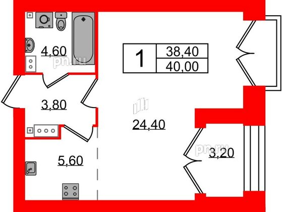 Квартира в ЖК Наука, 1 комнатная, 40 м², 13 этаж