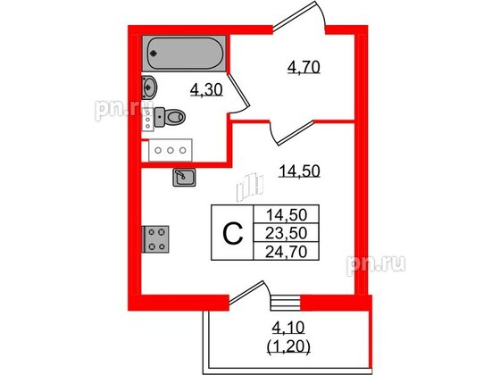 Квартира в ЖК Монография, студия, 24.7 м², 7 этаж