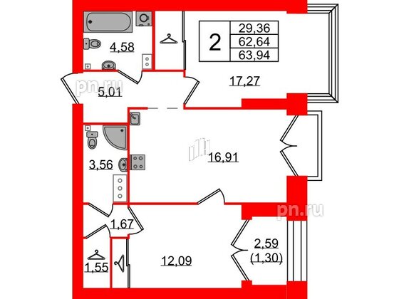 Квартира в ЖК Наука, 2 комнатная, 63.94 м², 12 этаж