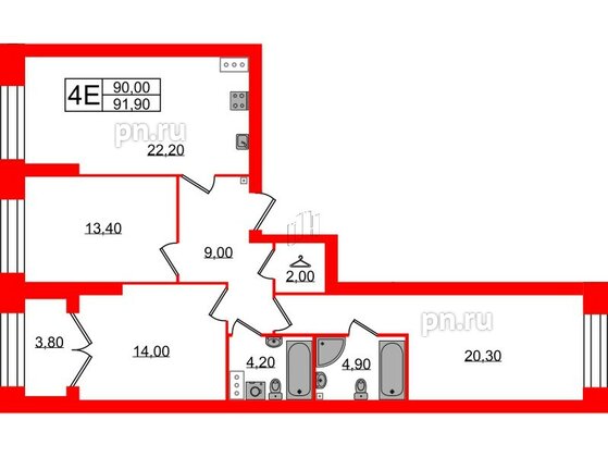 Квартира в ЖК Наука, 3 комнатная, 91.9 м², 12 этаж