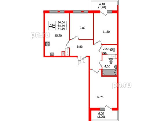 Квартира в ЖК Монография, 3 комнатная, 71.3 м², 10 этаж