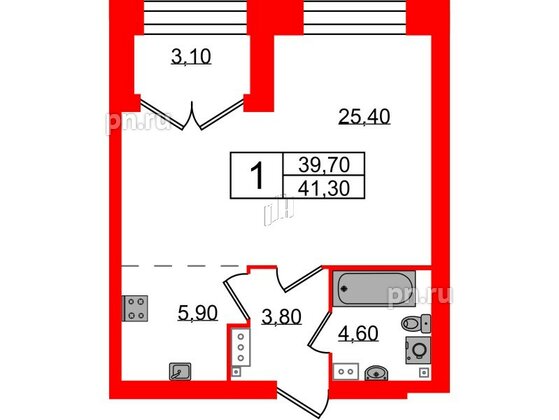 Квартира в ЖК Наука, 1 комнатная, 41.3 м², 12 этаж