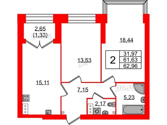 Квартира в ЖК Наука, 2 комнатная, 62.96 м², 12 этаж