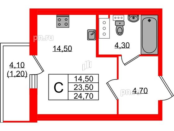 Квартира в ЖК Монография, студия, 24.7 м², 7 этаж