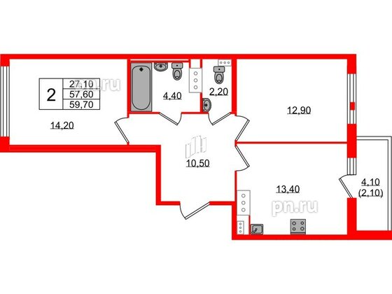 Квартира в ЖК Монография, 2 комнатная, 59.7 м², 11 этаж