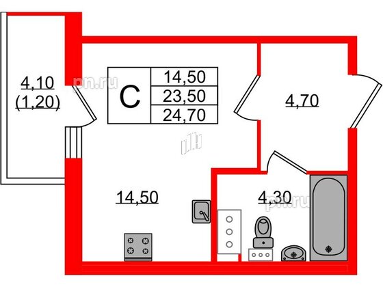 Квартира в ЖК Монография, студия, 24.7 м², 12 этаж