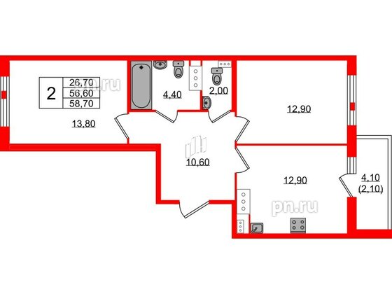 Квартира в ЖК Монография, 2 комнатная, 58.7 м², 8 этаж