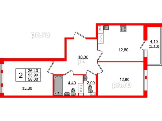 Квартира в ЖК Монография, 2 комнатная, 58 м², 7 этаж